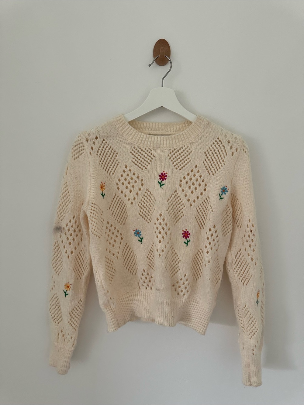 Cream Eyelet Crewneck Sweater with Petite Floral Embroidery
